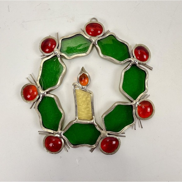 4" Holly Wreath Stained Glass Sun Catcher Christmas Holiday Vintage Hand Made - Picture 6 of 7